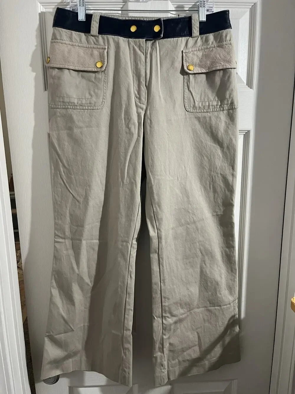 Tory Burch Joss Safari Khaki Pants Blue Cow Leather Sz 10